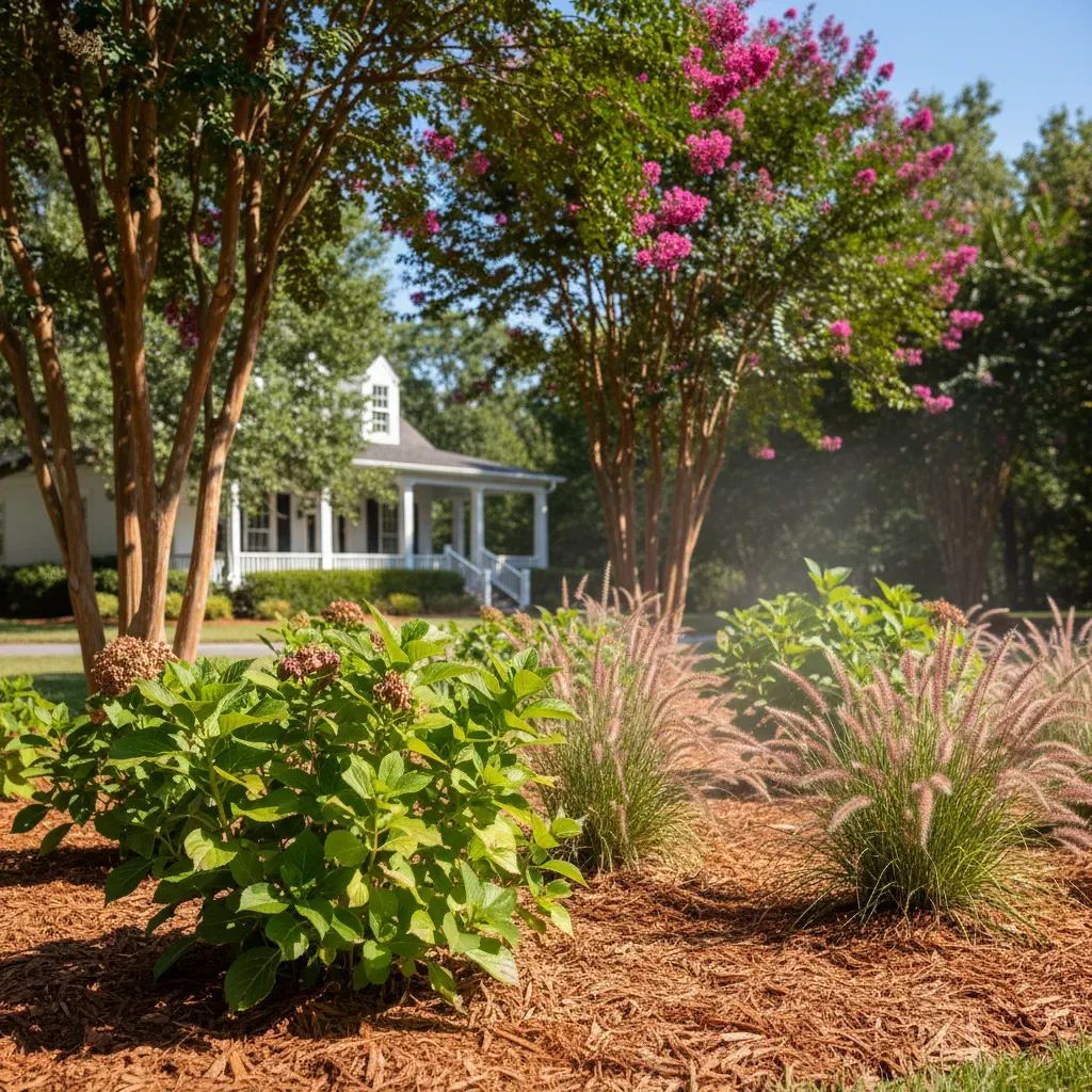 Mulched Landscape Bed for Summer Heat Protection Mulched garden bed with hydrangeas and ornamental grasses beneath blooming crape myrtle trees in front of a white farmhouse