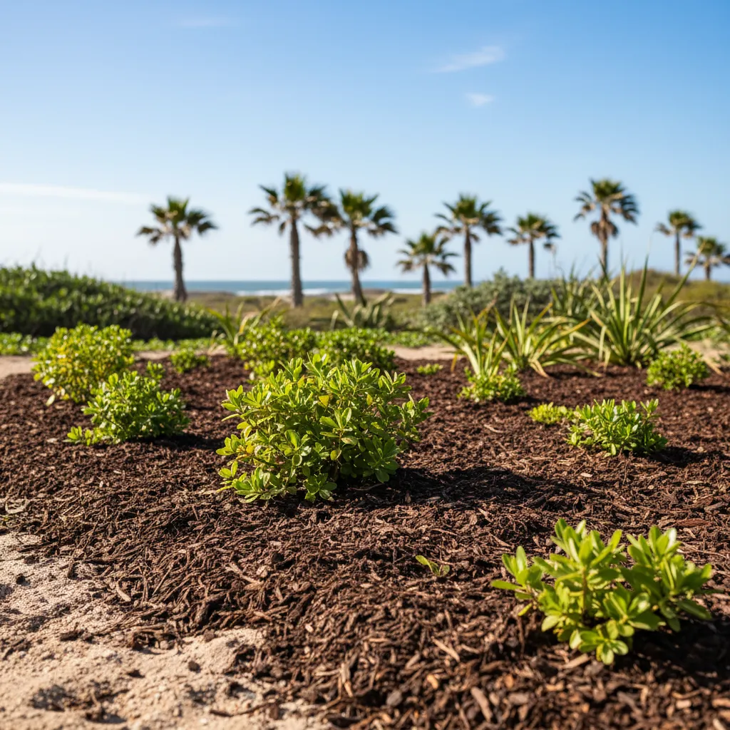 Young shrubs planted in dark mulch-covered sandy soil with palm trees and ocean in the background