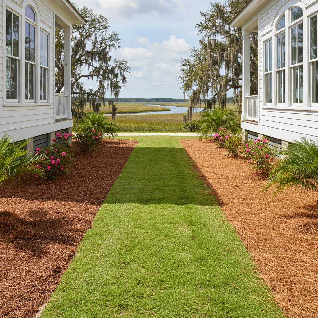Grass pathway between two homes lined with pine straw mulch beds, palms, and flowers, overlooking a marsh