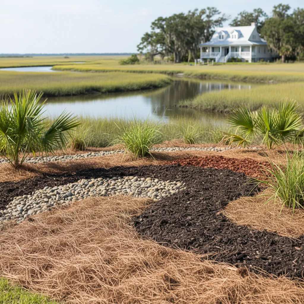 Coastal yard landscaped with pine straw, dark mulch, and river rock beds overlooking a marsh with a Lowcountry-style home in the distance